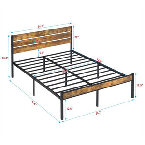 English Elm Full Size Platform Bed Rustic Wood Headboard Matte Black Metal Frame Storage W311P521357
