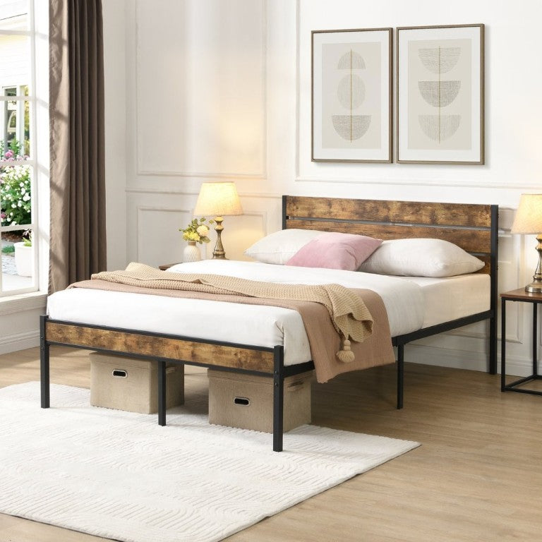 English Elm Full Size Platform Bed Rustic Wood Headboard Matte Black Metal Frame Storage W311P521357
