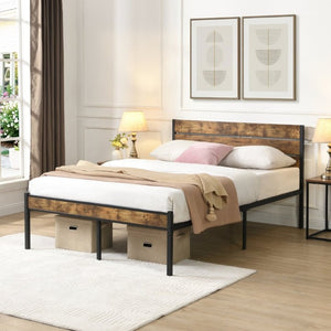 English Elm Full Size Platform Bed Rustic Wood Headboard Matte Black Metal Frame Storage W311P521357