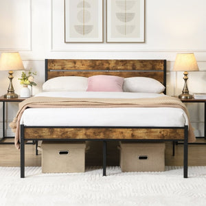 English Elm Full Size Platform Bed Rustic Wood Headboard Matte Black Metal Frame Storage W311P521357