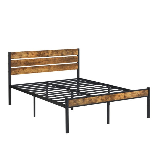English Elm Full Size Platform Bed Rustic Wood Headboard Matte Black Metal Frame Storage W311P521357