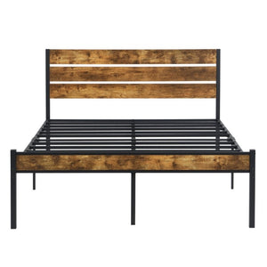 English Elm Full Size Platform Bed Rustic Wood Headboard Matte Black Metal Frame Storage W311P521357