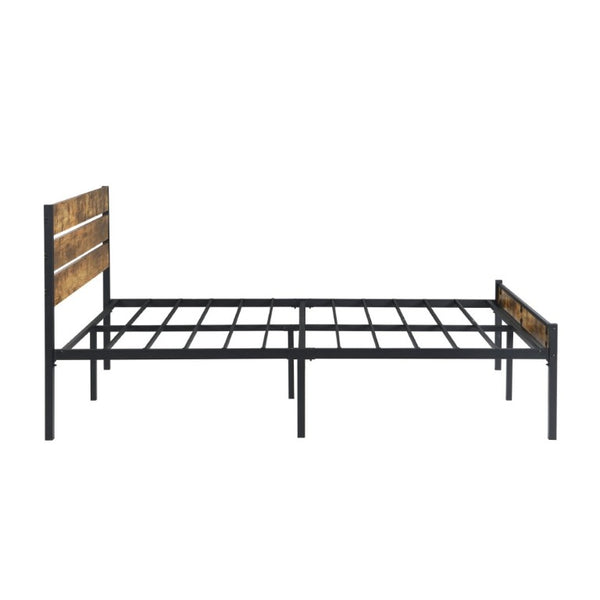 English Elm Full Size Platform Bed Rustic Wood Headboard Matte Black Metal Frame Storage W311P521357