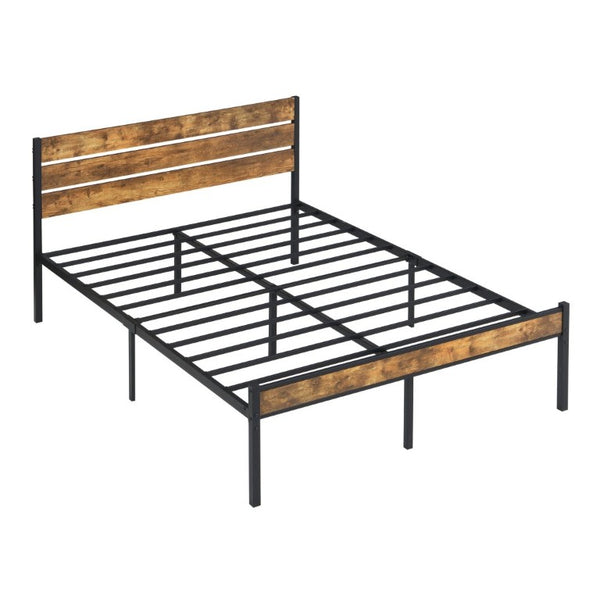 English Elm Full Size Platform Bed Rustic Wood Headboard Matte Black Metal Frame Storage W311P521357