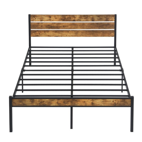 English Elm Full Size Platform Bed Rustic Wood Headboard Matte Black Metal Frame Storage W311P521357