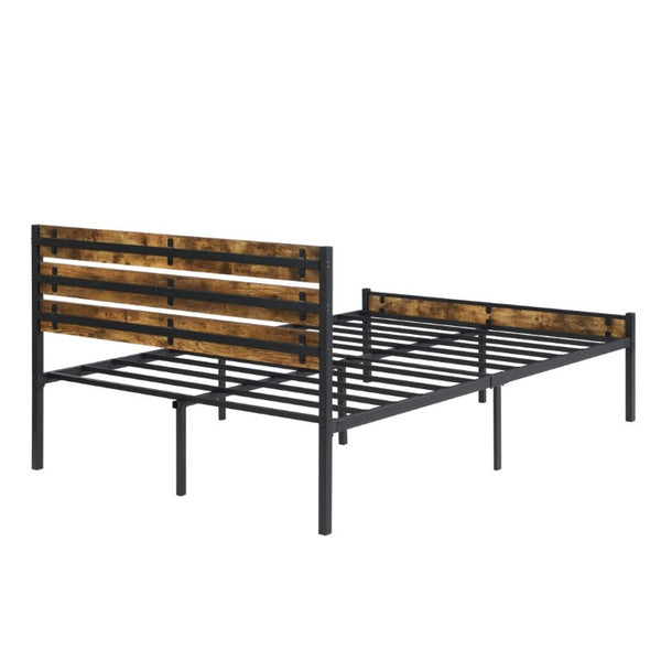 English Elm Full Size Platform Bed Rustic Wood Headboard Matte Black Metal Frame Storage W311P521357
