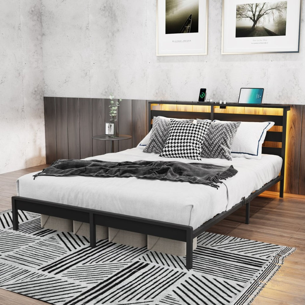English Elm Queen Metal Platform Bed Wooden Headboard Led Lighting Usb Charging Under Storage W311P521930