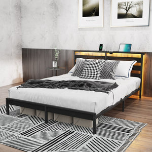 English Elm Queen Metal Platform Bed Wooden Headboard Led Lighting Usb Charging Under Storage W311P521930