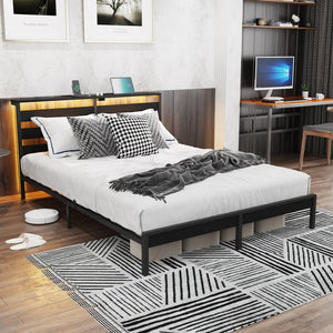 English Elm Queen Metal Platform Bed Wooden Headboard Led Lighting Usb Charging Under Storage W311P521930