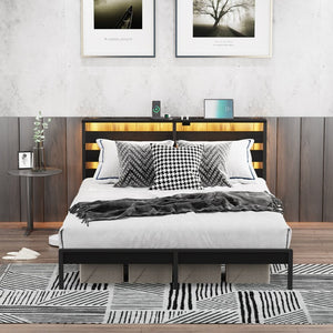 English Elm Queen Metal Platform Bed Wooden Headboard Led Lighting Usb Charging Under Storage W311P521930