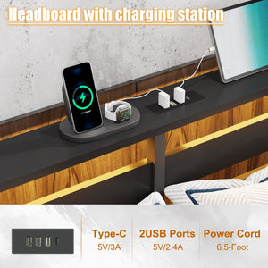 English Elm Queen Metal Platform Bed Wooden Headboard Led Lighting Usb Charging Under Storage W311P521930