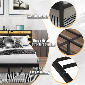 English Elm Queen Metal Platform Bed Wooden Headboard Led Lighting Usb Charging Under Storage W311P521930