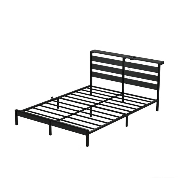 English Elm Queen Metal Platform Bed Wooden Headboard Led Lighting Usb Charging Under Storage W311P521930