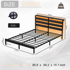 English Elm Queen Metal Platform Bed Wooden Headboard Led Lighting Usb Charging Under Storage W311P521930