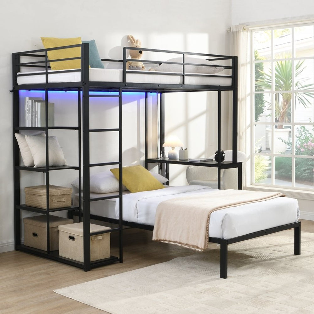 English Elm Metal Twin Over Bunk Bed with LED Lighting Built-In Desk and Storage Shelves W311S00067