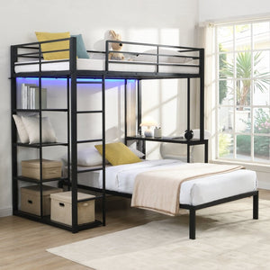 English Elm Metal Twin Over Bunk Bed with LED Lighting Built-In Desk and Storage Shelves W311S00067
