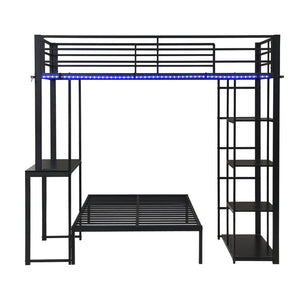 English Elm Metal Twin Over Bunk Bed with LED Lighting Built-In Desk and Storage Shelves W311S00067