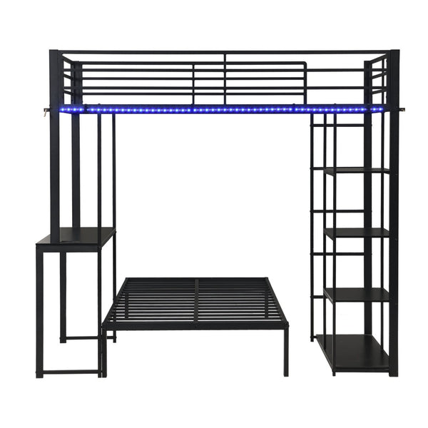 English Elm Metal Twin Over Bunk Bed with LED Lighting Built-In Desk and Storage Shelves W311S00067