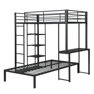 English Elm Metal Twin Over Bunk Bed with LED Lighting Built-In Desk and Storage Shelves W311S00067