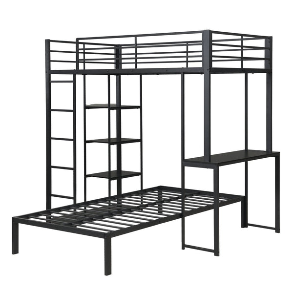 English Elm Metal Twin Over Bunk Bed with LED Lighting Built-In Desk and Storage Shelves W311S00067