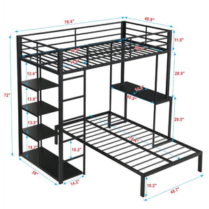 English Elm Metal Twin Over Bunk Bed with LED Lighting Built-In Desk and Storage Shelves W311S00067