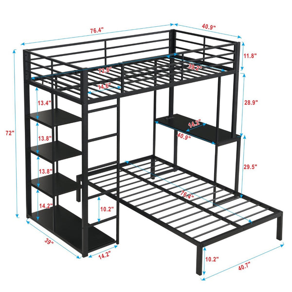 English Elm Metal Twin Over Bunk Bed with LED Lighting Built-In Desk and Storage Shelves W311S00067