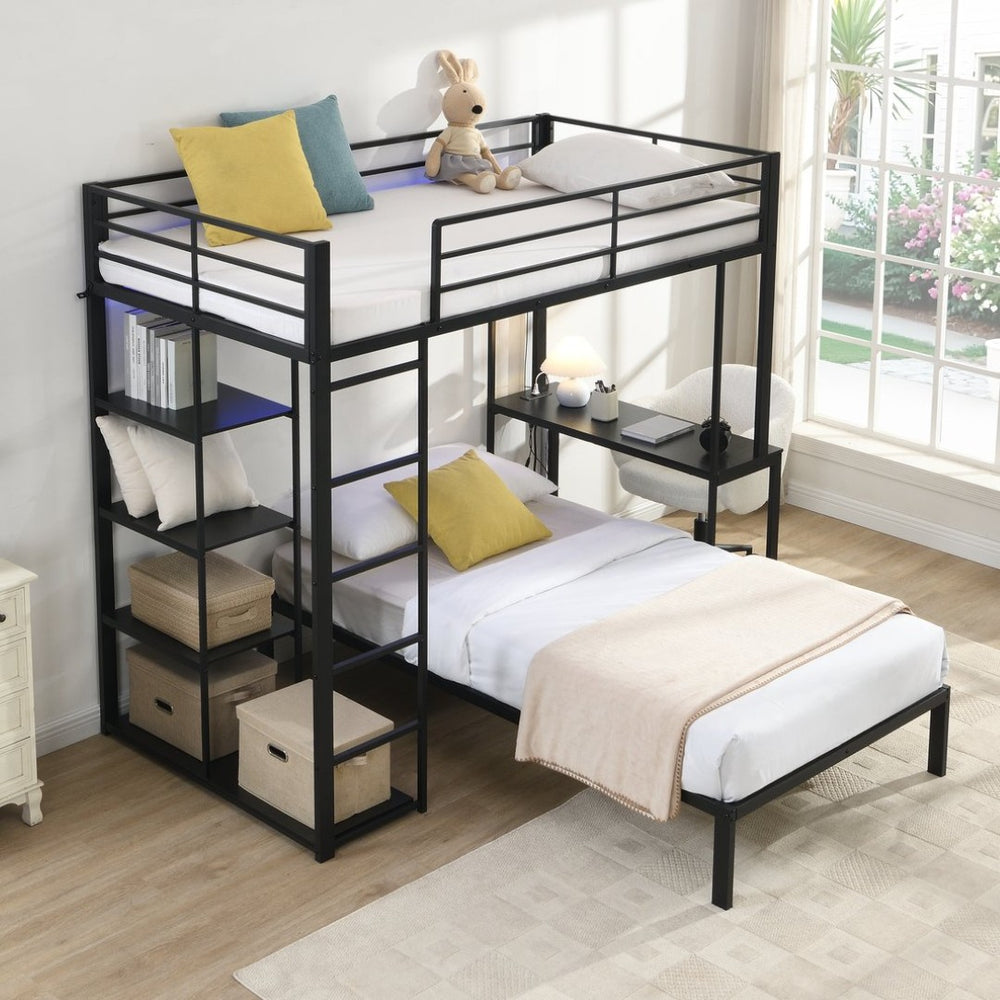 English Elm Metal Twin Over Bunk Bed with LED Lighting Built-In Desk and Storage Shelves W311S00067
