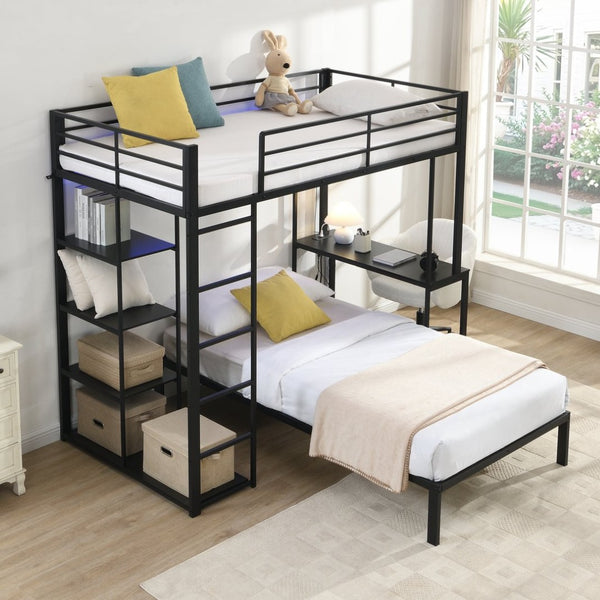 English Elm Metal Twin Over Bunk Bed with LED Lighting Built-In Desk and Storage Shelves W311S00067