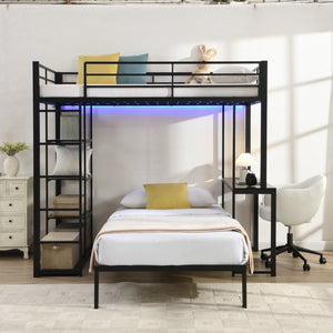 English Elm Metal Twin Over Bunk Bed with LED Lighting Built-In Desk and Storage Shelves W311S00067