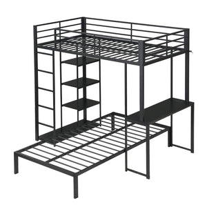 English Elm Metal Twin Over Bunk Bed with LED Lighting Built-In Desk and Storage Shelves W311S00067