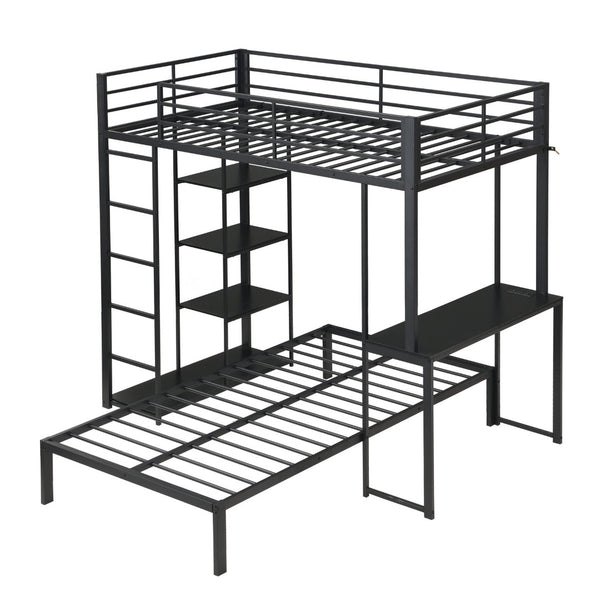 English Elm Metal Twin Over Bunk Bed with LED Lighting Built-In Desk and Storage Shelves W311S00067