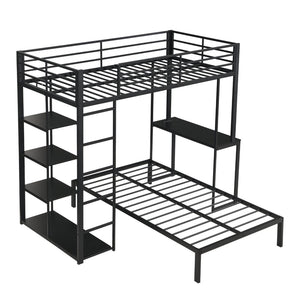 English Elm Metal Twin Over Bunk Bed with LED Lighting Built-In Desk and Storage Shelves W311S00067