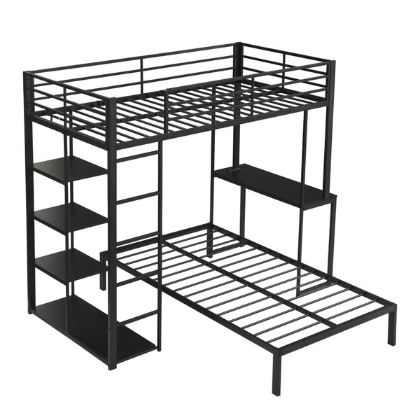 English Elm Metal Twin Over Bunk Bed with LED Lighting Built-In Desk and Storage Shelves W311S00067