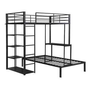 English Elm Metal Twin Over Bunk Bed with LED Lighting Built-In Desk and Storage Shelves W311S00067