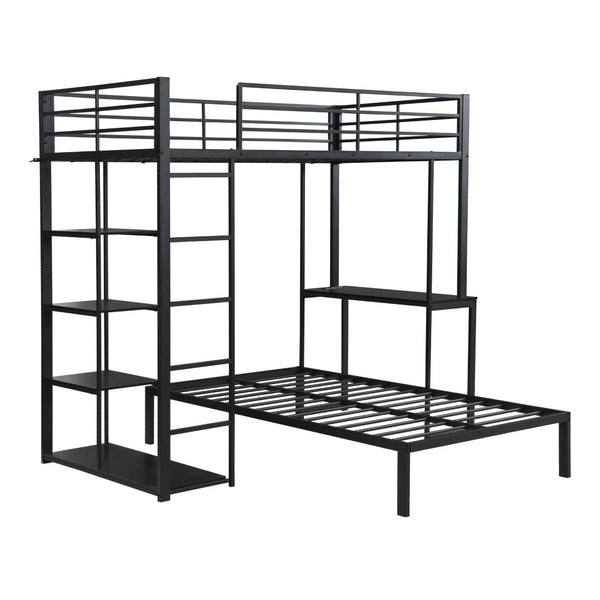 English Elm Metal Twin Over Bunk Bed with LED Lighting Built-In Desk and Storage Shelves W311S00067