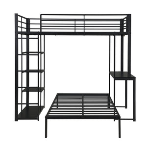 English Elm Metal Twin Over Bunk Bed with LED Lighting Built-In Desk and Storage Shelves W311S00067