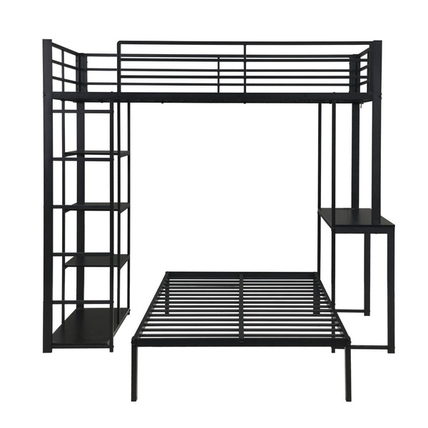 English Elm Metal Twin Over Bunk Bed with LED Lighting Built-In Desk and Storage Shelves W311S00067
