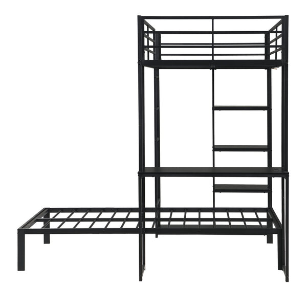 English Elm Metal Twin Over Bunk Bed with LED Lighting Built-In Desk and Storage Shelves W311S00067