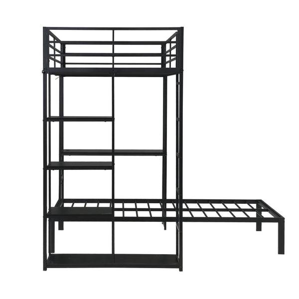 English Elm Metal Twin Over Bunk Bed with LED Lighting Built-In Desk and Storage Shelves W311S00067