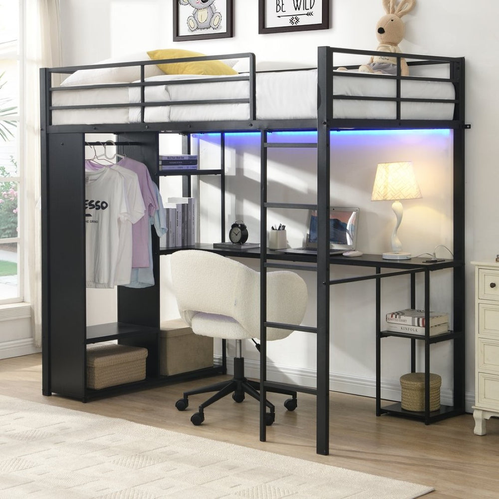 English Elm Multi-Function Twin Steel Loft Bed with Built-In Desk Open Shelving and LED Lighting W311S00068