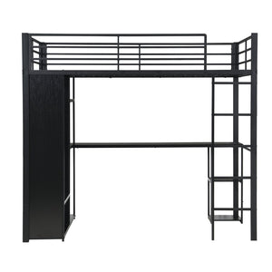 English Elm Multi-Function Twin Steel Loft Bed with Built-In Desk Open Shelving and LED Lighting W311S00068