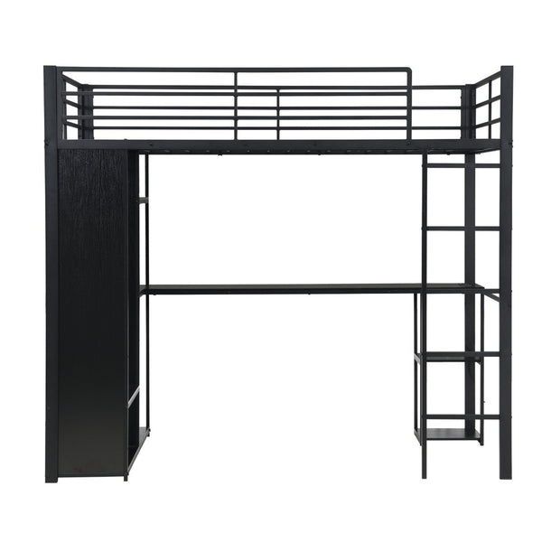 English Elm Multi-Function Twin Steel Loft Bed with Built-In Desk Open Shelving and LED Lighting W311S00068