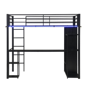 English Elm Multi-Function Twin Steel Loft Bed with Built-In Desk Open Shelving and LED Lighting W311S00068
