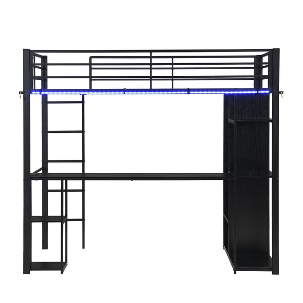 English Elm Multi-Function Twin Steel Loft Bed with Built-In Desk Open Shelving and LED Lighting W311S00068