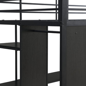 English Elm Multi-Function Twin Steel Loft Bed with Built-In Desk Open Shelving and LED Lighting W311S00068
