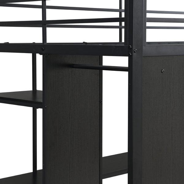 English Elm Multi-Function Twin Steel Loft Bed with Built-In Desk Open Shelving and LED Lighting W311S00068