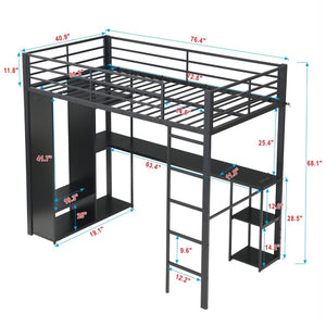 English Elm Multi-Function Twin Steel Loft Bed with Built-In Desk Open Shelving and LED Lighting W311S00068