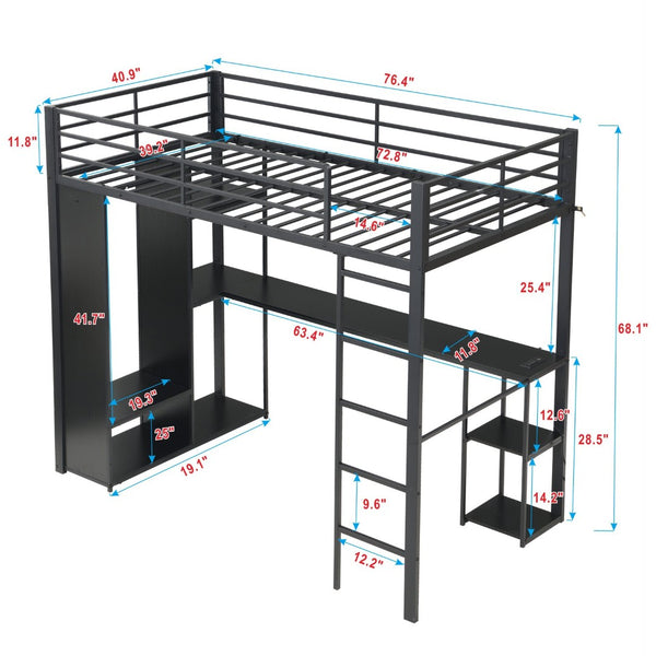 English Elm Multi-Function Twin Steel Loft Bed with Built-In Desk Open Shelving and LED Lighting W311S00068