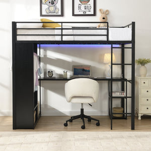 English Elm Multi-Function Twin Steel Loft Bed with Built-In Desk Open Shelving and LED Lighting W311S00068