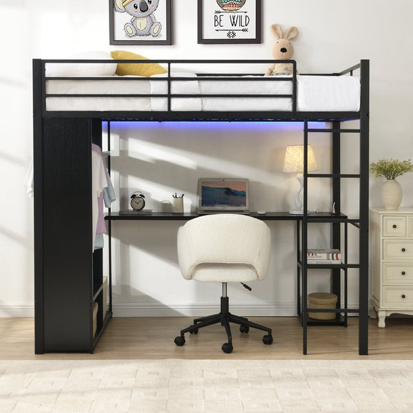 English Elm Multi-Function Twin Steel Loft Bed with Built-In Desk Open Shelving and LED Lighting W311S00068